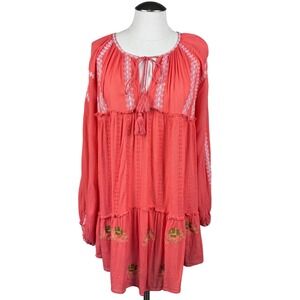 Free People Women Coral Embroidered Tassel Tunic Mini Dress Boho Festival Large